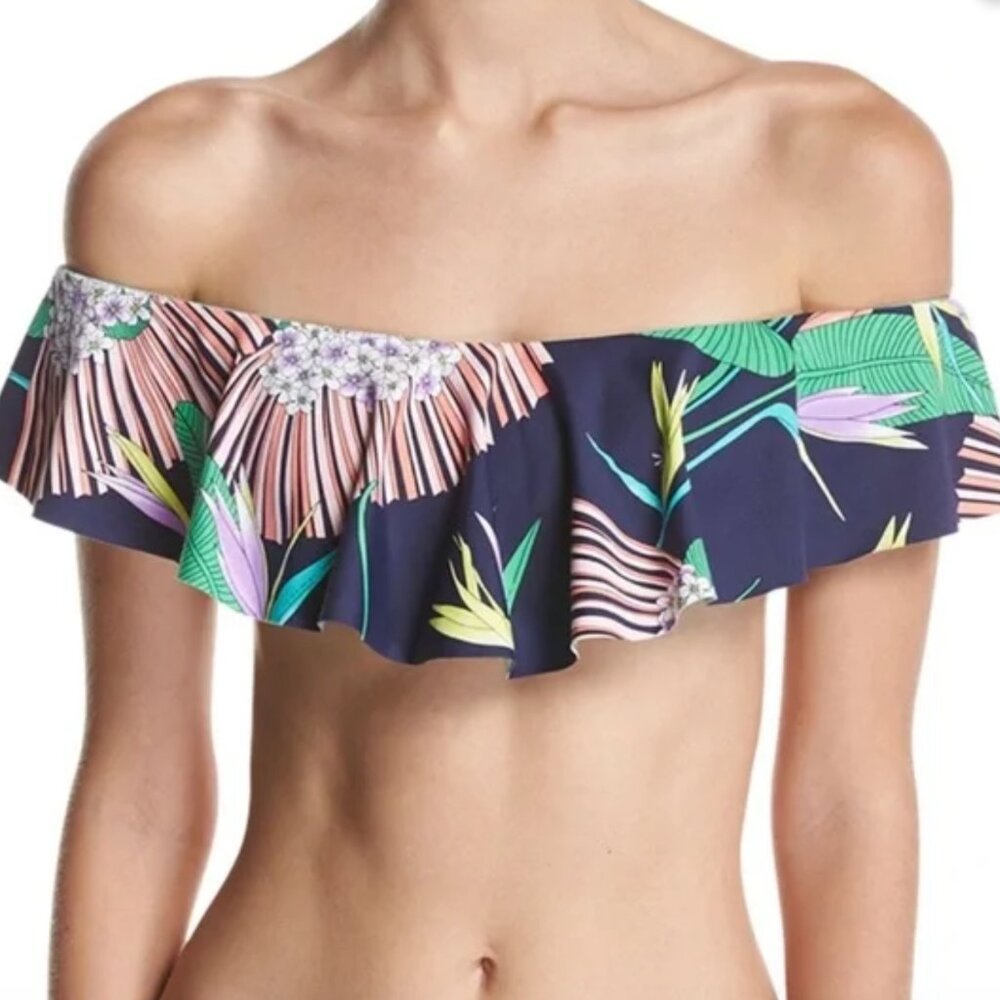 Trina Turk Midnight Paradise Off Shoulder Flounce Swimsuit Bikini Top
